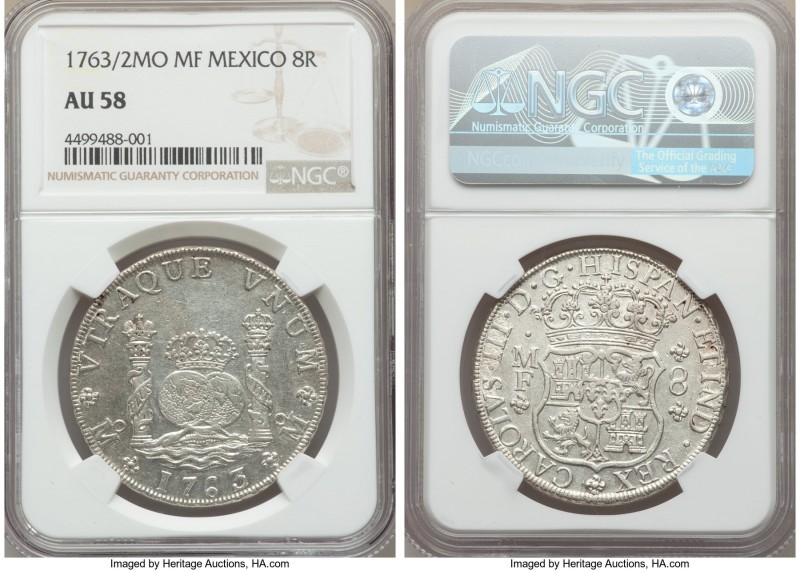 Charles III 8 Reales 1763/2 Mo-MF AU58 NGC, Mexico City mint, KM105. A rather pr...