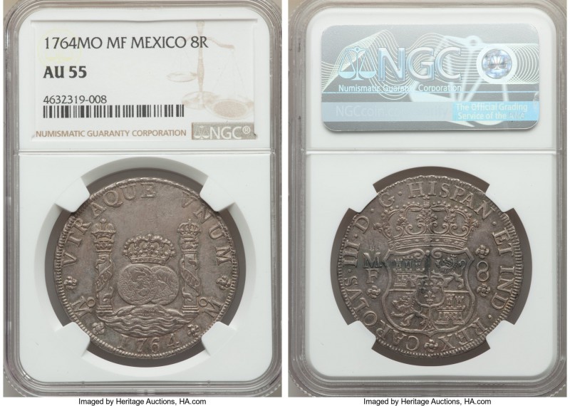 Charles III 8 Reales 1764 Mo-MF AU55 NGC, Mexico City mint, KM105. Quite luminou...