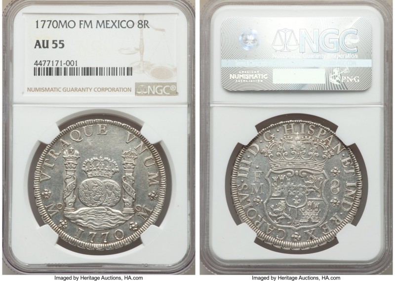 Charles III 8 Reales 1770 Mo-FM AU55 NGC, Mexico City mint, KM105. Glassy and lu...