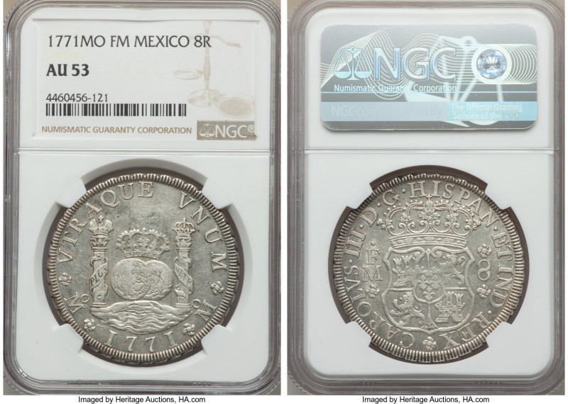 Charles III 8 Reales 1771 Mo-FM AU53 NGC, Mexico City mint, KM105. A fully whole...