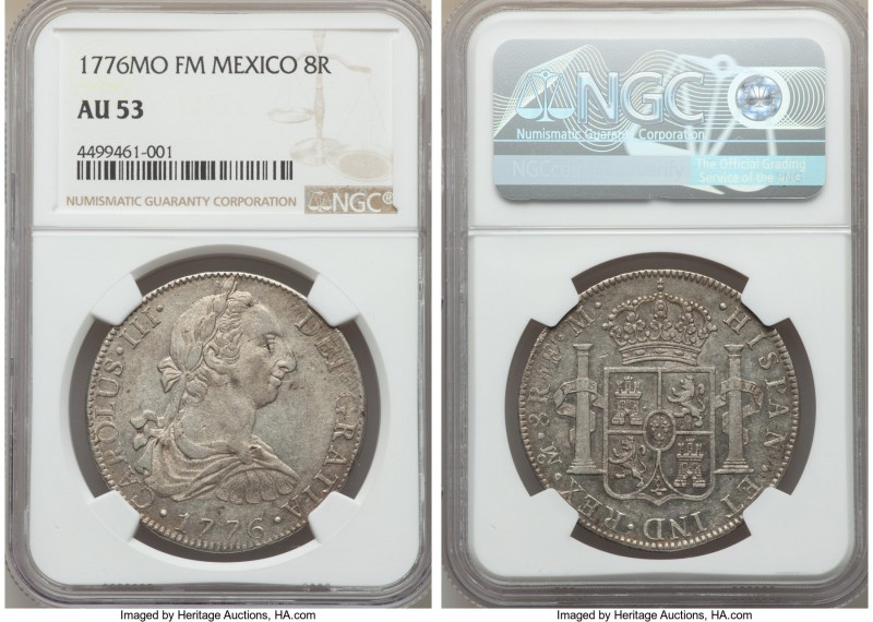 Charles III 8 Reales 1776 Mo-FM AU53 NGC, Mexico City mint, KM106.2. Lightly ton...