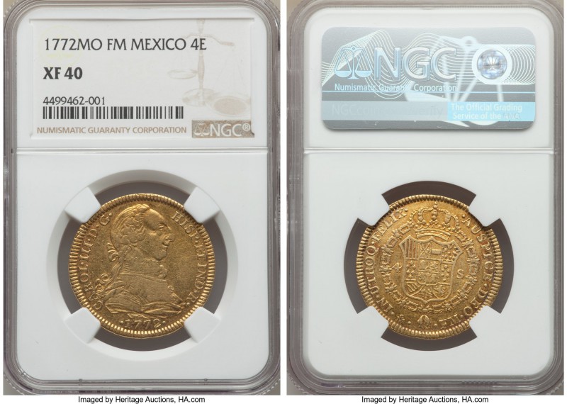 Charles III gold 4 Escudos 1772 Mo-FM XF40 NGC, Mexico City mint, KM142.1. Semi-...