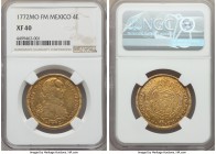 Charles III gold 4 Escudos 1772 Mo-FM XF40 NGC, Mexico City mint, KM142.1. Semi-lustrous, with well-balanced eye appeal. A scarce issue.

HID999121020...