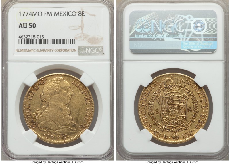 Charles III gold 8 Escudos 1774 Mo-FM AU50 NGC, Mexico City mint, KM156.2. Highl...