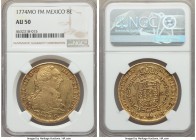 Charles III gold 8 Escudos 1774 Mo-FM AU50 NGC, Mexico City mint, KM156.2. Highly collectable with a bit of weakness at the center, the detail strengt...