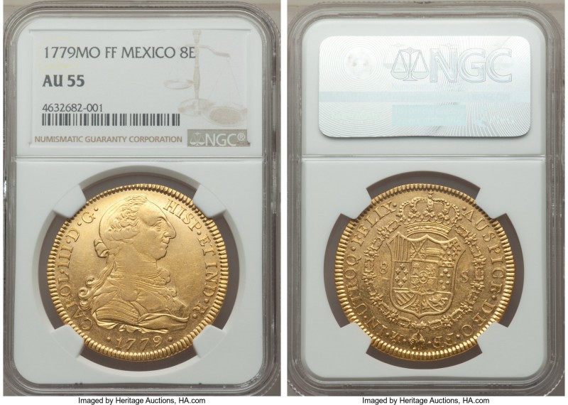 Charles III gold 8 Escudos 1779 Mo-FF AU55 NGC, Mexico City mint, KM156.2, Onza-...