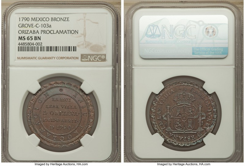 Orizaba. Charles IV bronze Proclamation Medal 1790 MS65 Brown NGC, Grove-C-103a,...
