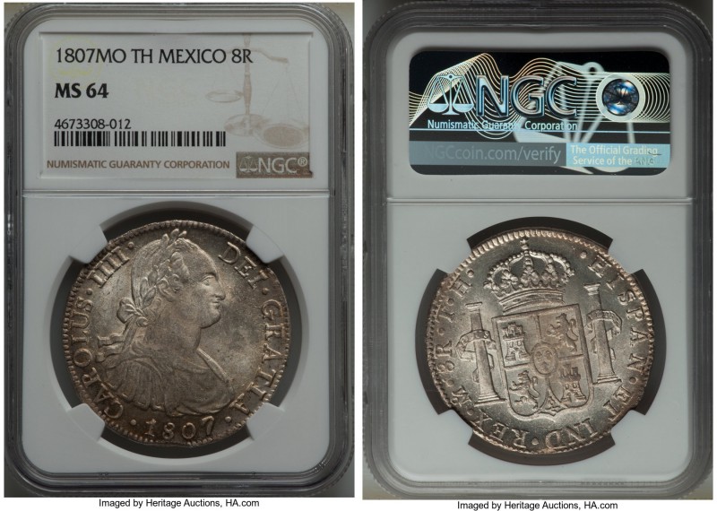 Charles IV 8 Reales 1807 Mo-TH MS64 NGC, Mexico City mint, KM109. A sterling exa...