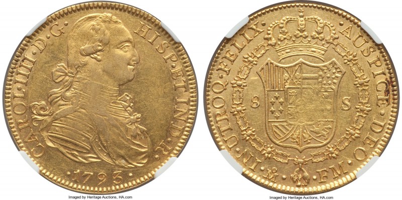 Charles IV gold 8 Escudos 1793/2 Mo-FM AU58 NGC, Mexico City mint, KM159 (overda...