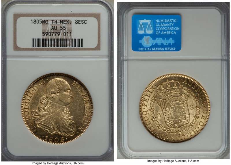 Charles IV gold 8 Escudos 1805 Mo-TH AU55 NGC, Mexico City mint, KM159, Onza-104...