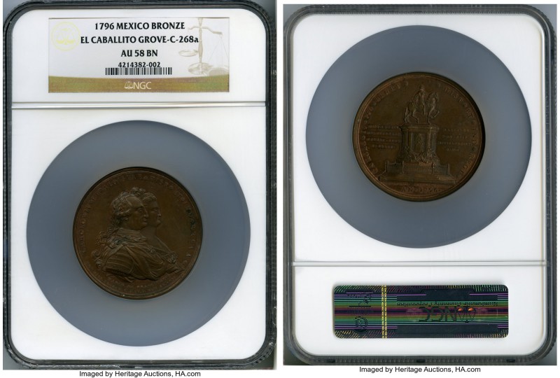 Charles IV copper "El Caballito" Medal 1796 AU58 Brown NGC, 58mm, Grove-C-267b. ...