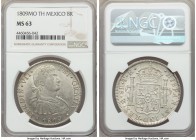 Ferdinand VII 8 Reales 1809 Mo-TH MS63 NGC, Mexico City mint, KM110. No weakness exists to speak of, some shallowness admitted in the engraving of the...