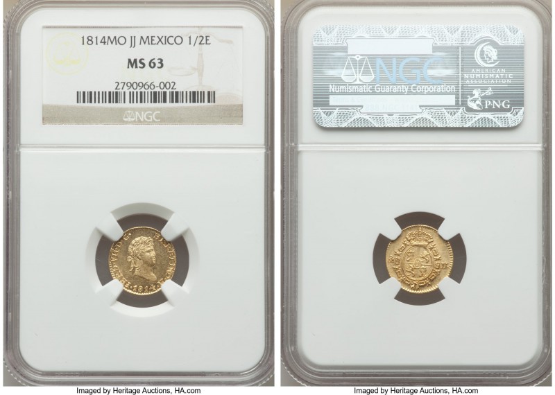 Ferdinand VII gold 1/2 Escudo 1814 Mo-JJ MS63 NGC, Mexico City mint, KM112. A sc...