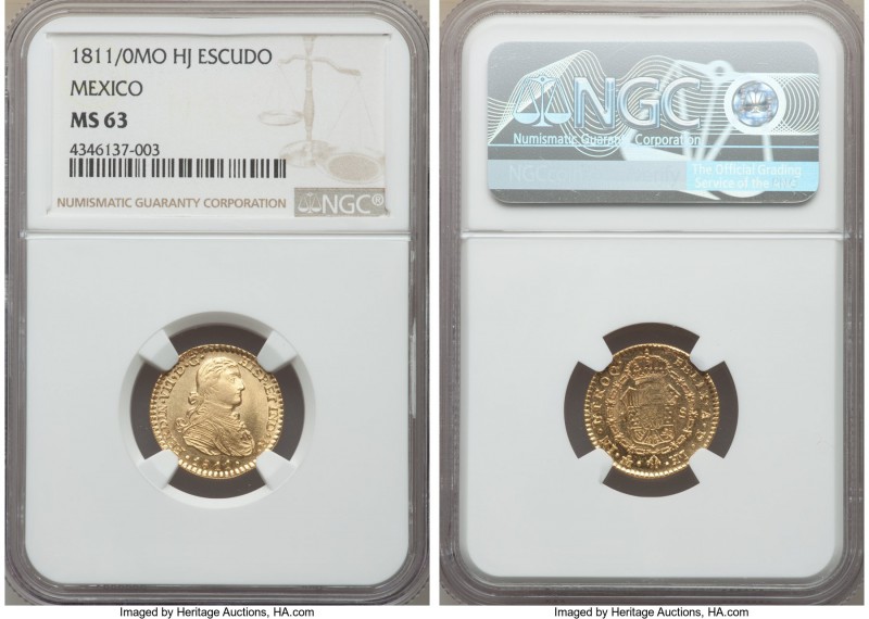 Ferdinand VII gold Escudo 1811/0 Mo-HJ MS63 NGC, Mexico City mint, KM121, Fr-49....