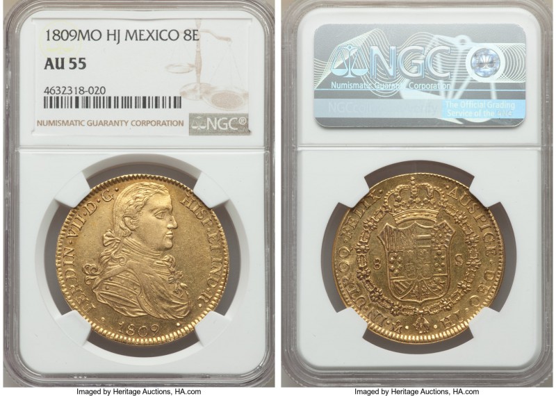 Ferdinand VII gold 8 Escudos 1809 Mo-HJ AU55 NGC, Mexico City mint, KM160. Only ...