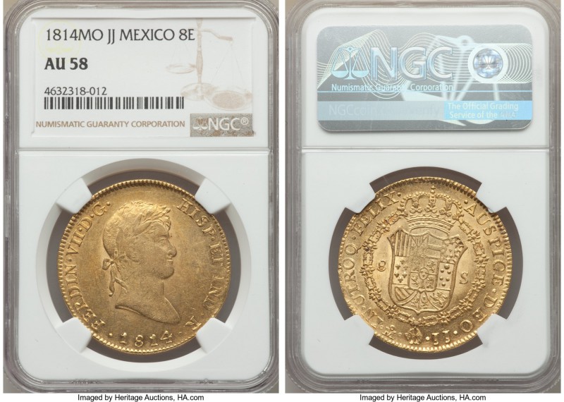 Ferdinand VII gold 8 Escudos 1814 Mo-JJ AU58 NGC, Mexico City mint, KM161. Fairl...