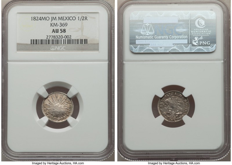 Republic 1/2 Real 1824 Mo-JM AU58 NGC, Mexico City mint, KM369. "Hook Neck" Eagl...
