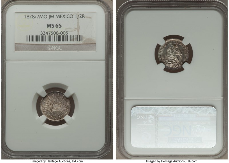 Republic 1/2 Real 1828/7 Mo-JM MS65 NGC, Mexico City mint, KM370.9. A sharp gem ...