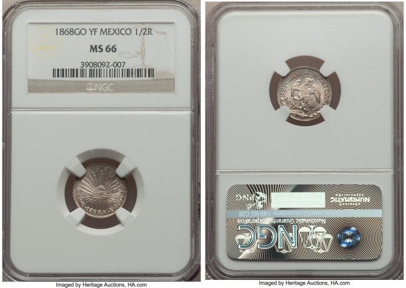 Republic 1/2 Real 1868 Go-YF MS66 NGC, Guanajuato mint, KM370.7. A radiant jewel...