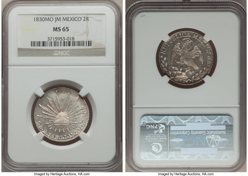 Republic 2 Reales 1830 Mo-JM MS65 NGC, Mexico City mint, KM374.10. Superbly lust...