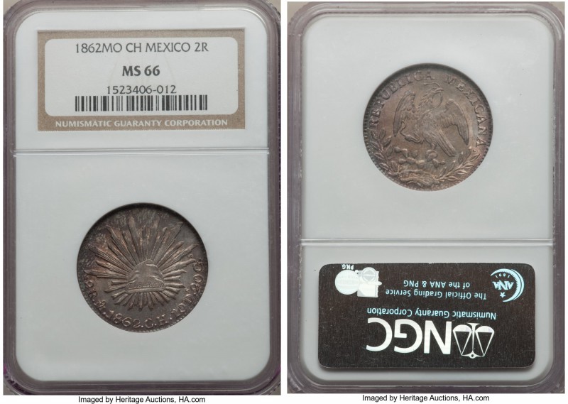 Republic 2 Reales 1862 Mo-CH MS66 NGC, Mexico City mint, KM374.10. A superb gem ...