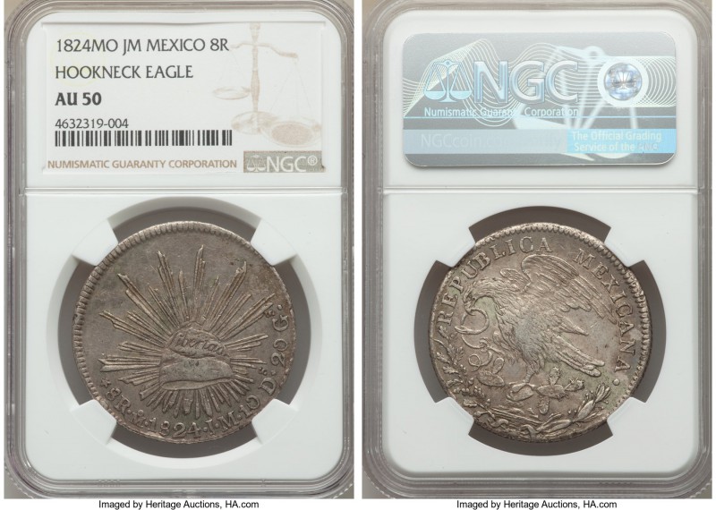 Republic "Hookneck" 8 Reales 1824 Mo-JM AU50 NGC, Mexico City mint, KMA376.2. So...