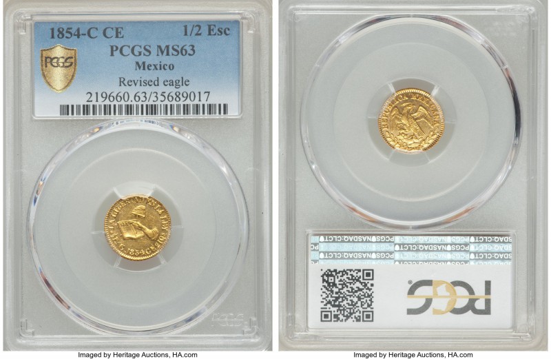 Republic gold 1/2 Escudo 1854 C-CE MS63 PCGS, Culiacan mint, KM378. Brilliant an...