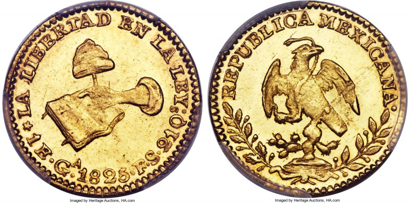 Republic gold Escudo 1825 Ga-FS MS64 PCGS, Guadalajara mint, KM379.2. An extreme...