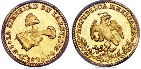 Republic gold Escudo 1825 Ga-FS MS64 PCGS, Guadalajara mint, KM379.2. An extremely rare date to locate in this peak, nearly gem level of certification...