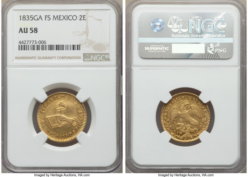 Republic gold 2 Escudos 1835 Ga-FS AU58 NGC, Guadalajara mint, KM380.3. Lustrous...