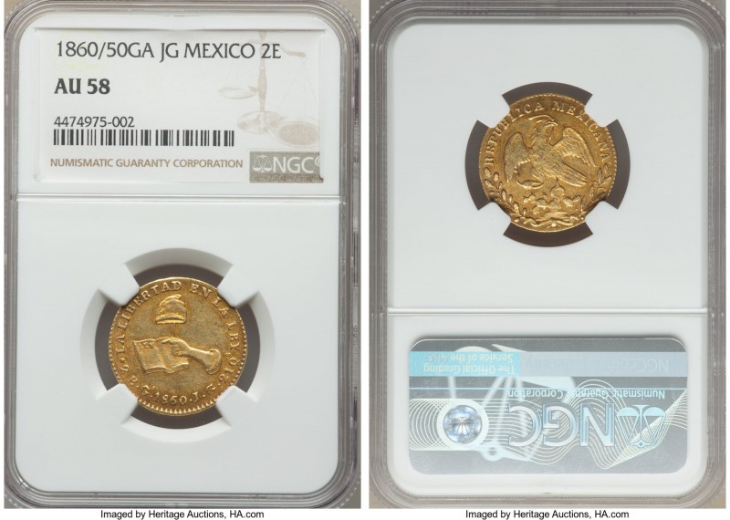 Republic gold 2 Escudos 1860/50 Ga-JG AU58 NGC, Guadalajara mint, KM380.3. Light...