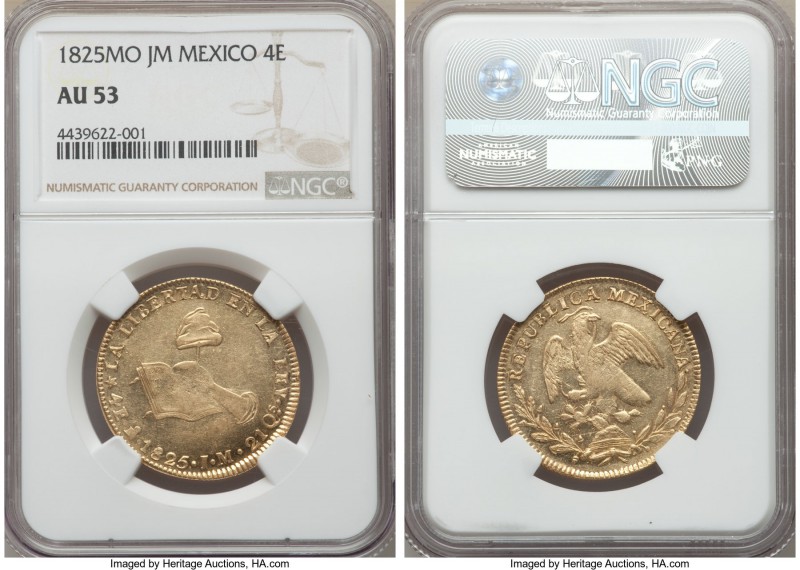 Republic gold 4 Escudos 1825 Mo-JM AU53 NGC, Mexico City mint, KM381.6. A captiv...