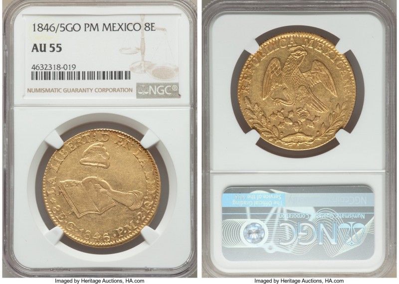 Republic gold 8 Escudos 1846/5 Go-PM AU55 NGC, Guanajuato mint, KM383.7. A rathe...