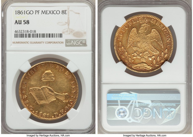 Republic gold 8 Escudos 1861 Go-PF AU58 NGC, Guanajuato mint, KM383.7. Expressin...