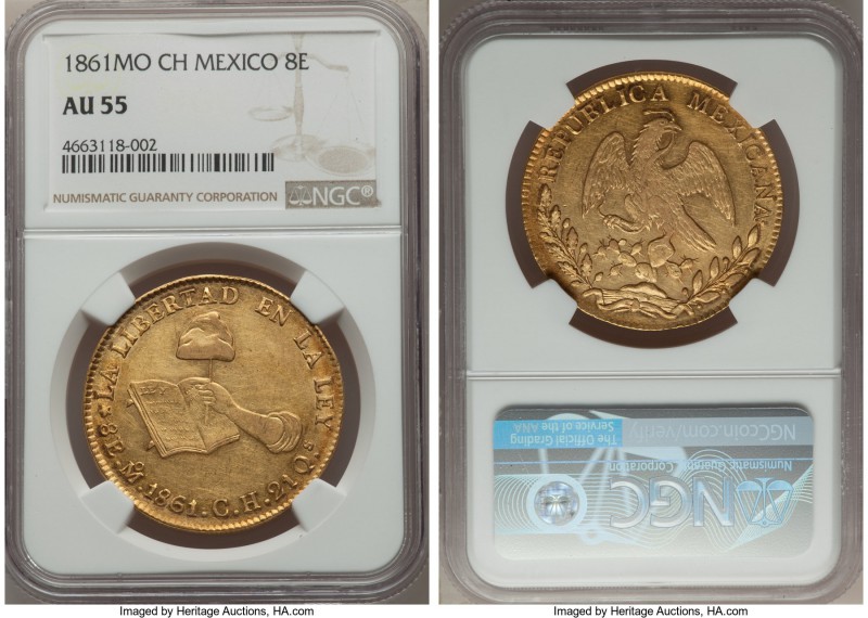 Republic gold 8 Escudos 1861/51 Mo-CH AU55 NGC, Mexico City mint, KM383.9. Fully...