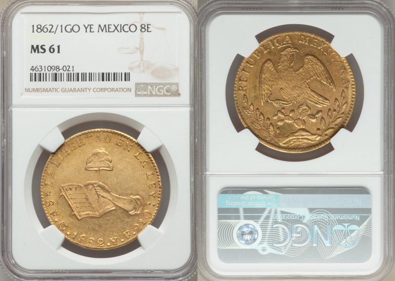 Republic gold 8 Escudos 1862/1 Go-YE MS61 NGC, Guanajuato mint, KM383.7.

HID999...