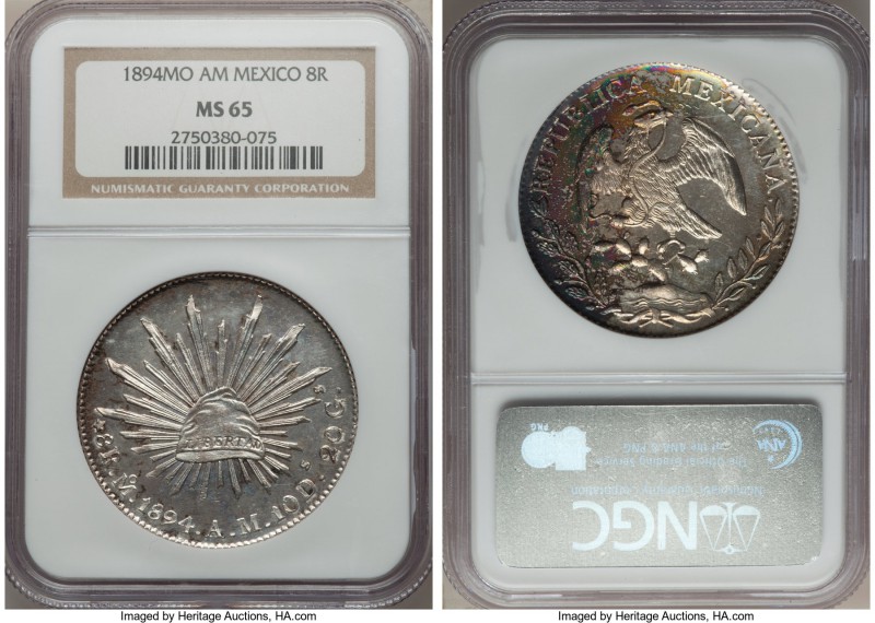 Republic 8 Reales 1894 Mo-AM MS65 NGC, Mexico City mint, KM377.1, DP-Mo80. A glo...