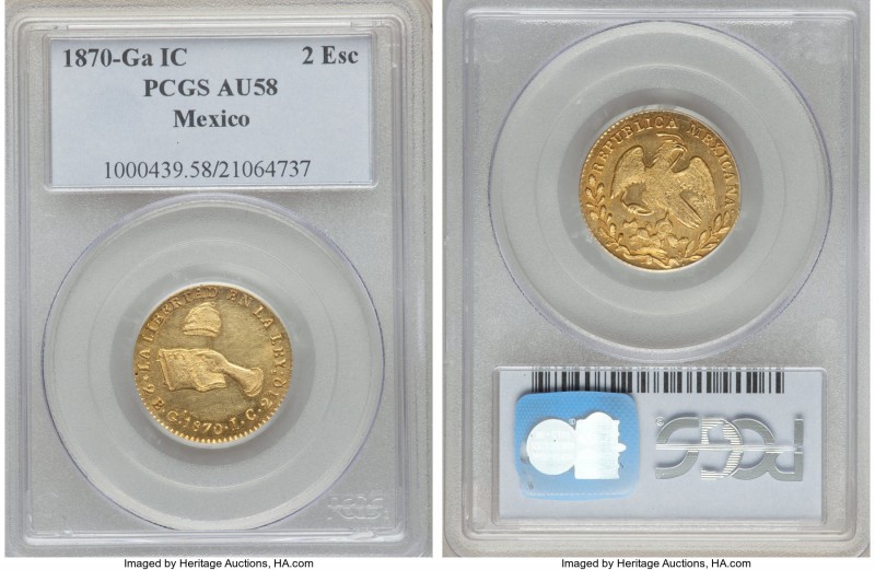 Republic gold 2 Escudos 1870 Ga-IC AU58 PCGS, Guadalajara, KM380.3. A scarce sin...