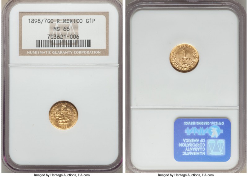 Republic gold Peso 1898/7 Go-R MS66 NGC, Guanajuato mint, KM410.3. An exceptiona...