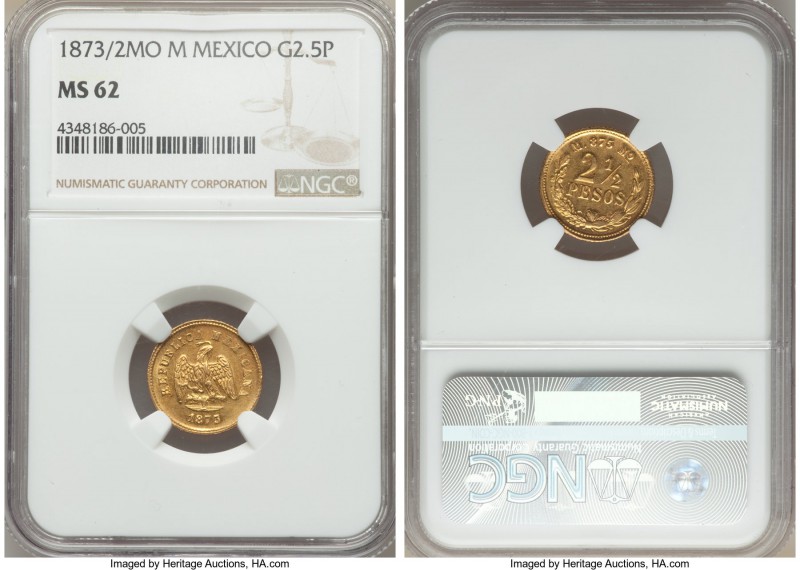 Republic gold 2-1/2 Pesos 1873/2 Mo-M MS62 NGC, Mexico City mint, KM411.5. A gli...