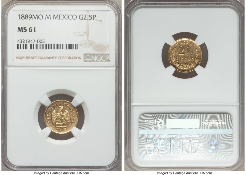 Republic gold 2-1/2 Pesos 1889 Mo-M MS61 NGC, Mexico City mint, KM411.5. Scarce ...