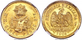 Republic gold 5 Pesos 1904 Mo-M MS65 NGC, Mexico City mint, KM412.6. A superb strike with brilliant mint luster, and a few very tiny marks well in-lin...