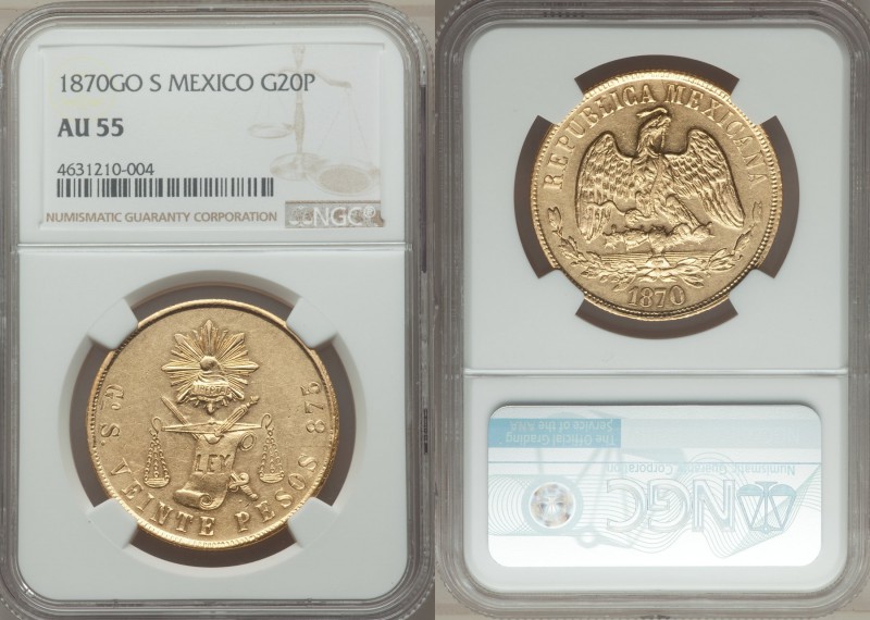 Republic gold 20 Pesos 1870 Go-S AU55 NGC, Guanajuato mint, KM414.4. A overall p...