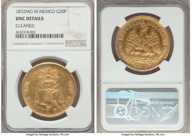 Republic gold 20 Pesos 1872 Mo-M UNC Details (Cleaned) NGC, Mexico City mint, KM...