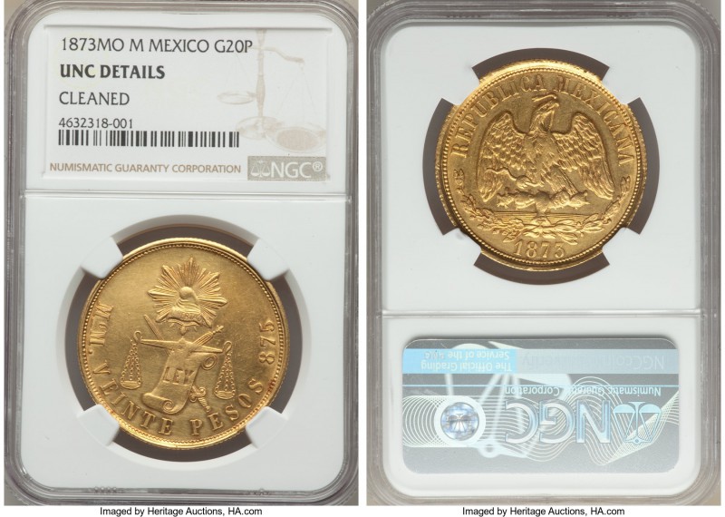 Republic gold 20 Pesos 1873 Mo-M UNC Details (Cleaned) NGC, Mexico City mint, KM...