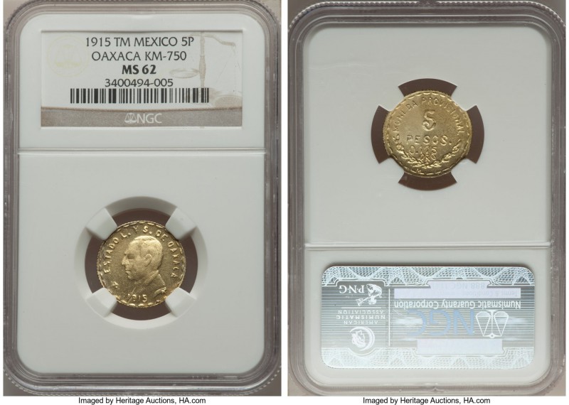 Oaxaca. Revolutionary gold 5 Pesos 1915-TM MS62 NGC, KM750. While generally crud...