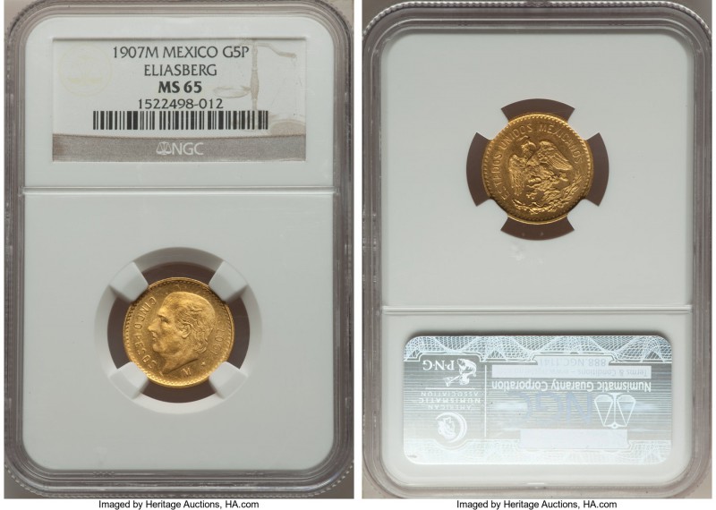 Estados Unidos gold 5 Pesos 1907-M MS65 NGC, Mexico City mint, KM464. AGW 0.1206...