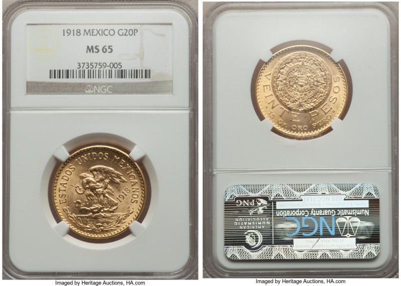 Estados Unidos gold 20 Pesos 1918 MS65 NGC, Mexico City mint, KM478. A bright an...