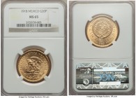 Estados Unidos gold 20 Pesos 1918 MS65 NGC, Mexico City mint, KM478. A bright and satiny example of this popular issue with strong appeal, even for th...