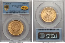 Estados Unidos gold 20 Pesos 1920/10 MS65 PCGS, Mexico City mint, KM478. 1920/10 overdate type. Radiantly lustrous, with gold "WINGS" sticker.

HID999...